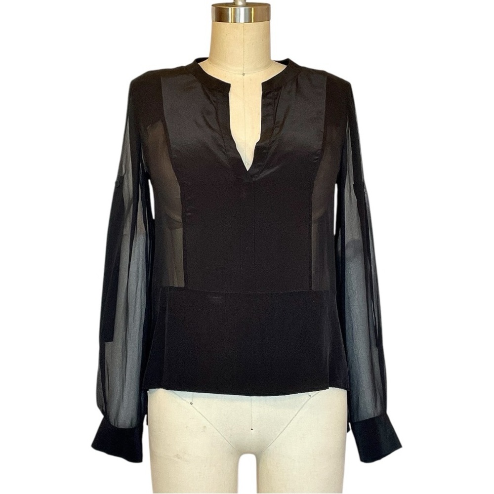 LikeNew SILK BcbgMaxAzria Black Split Neck Blouse Sheer XSmall long